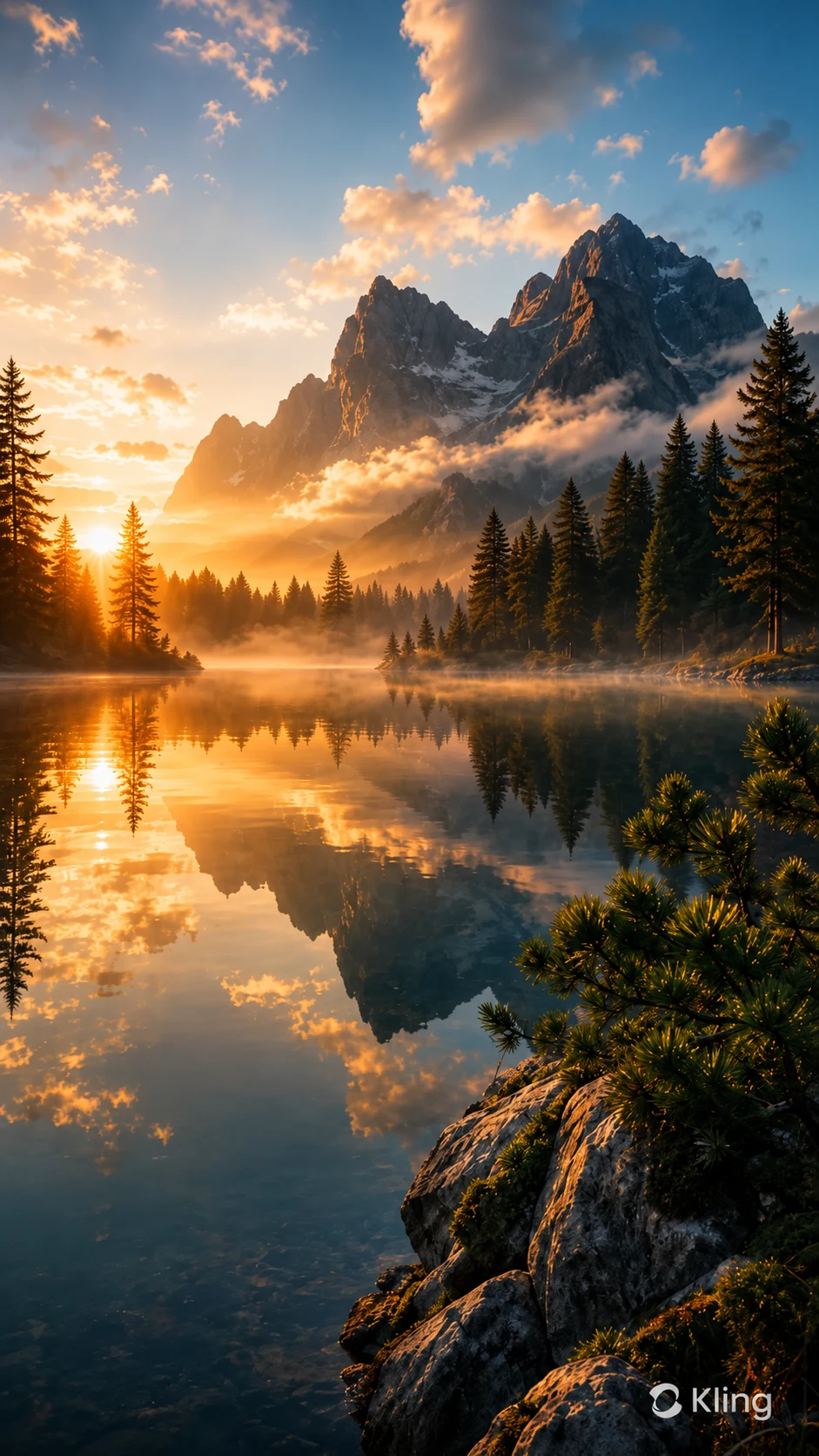 Kling AI-generated vertical landscape video with visible Kling AI watermark before removal