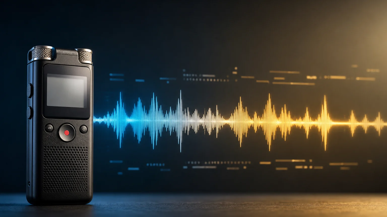 ボイスレコーダーから英語音声の納品へ向かう温かい金と青のサウンドウェーブ