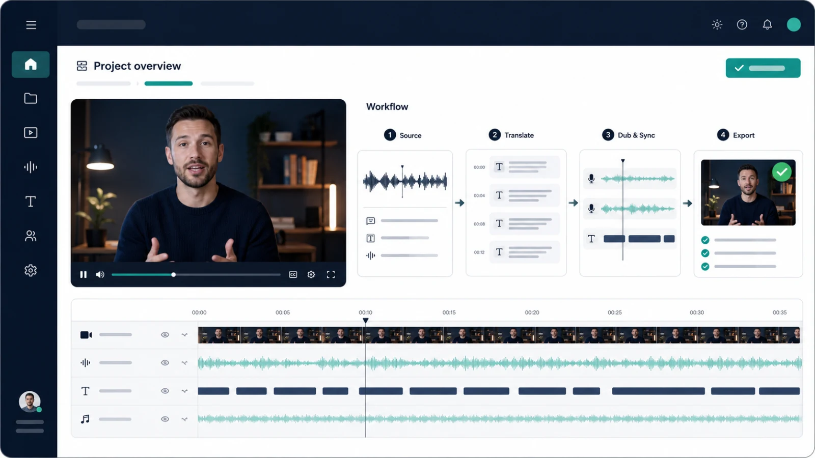 Flujo IA de video talking-head a transcripción, traducción inglesa, voz, subtítulos y exportación
