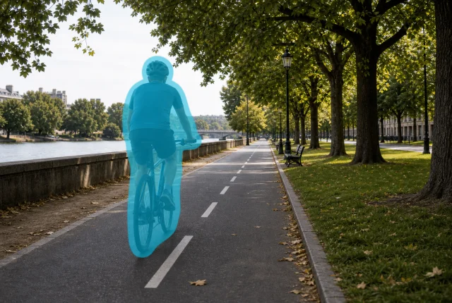 Park path video frame with a cyan brush mask over a cyclist