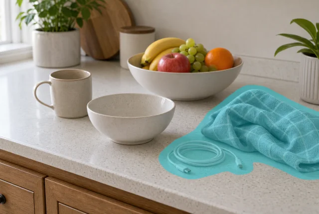 Kitchen video frame with cyan brush masks over unwanted objects on the counter