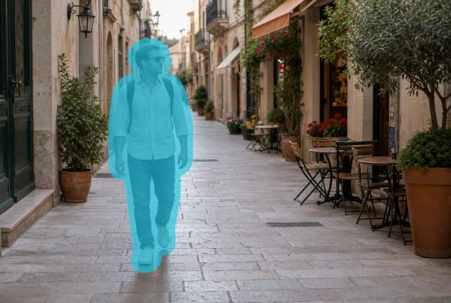 Street video frame with a cyan brush mask over a passerby