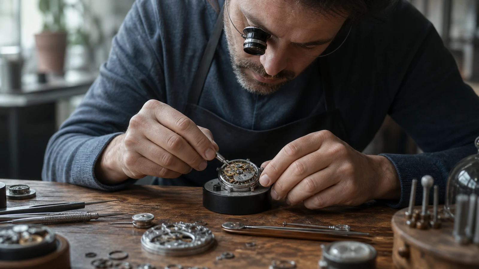 Detailed close-up of a watchmaker after AI video enhancement
