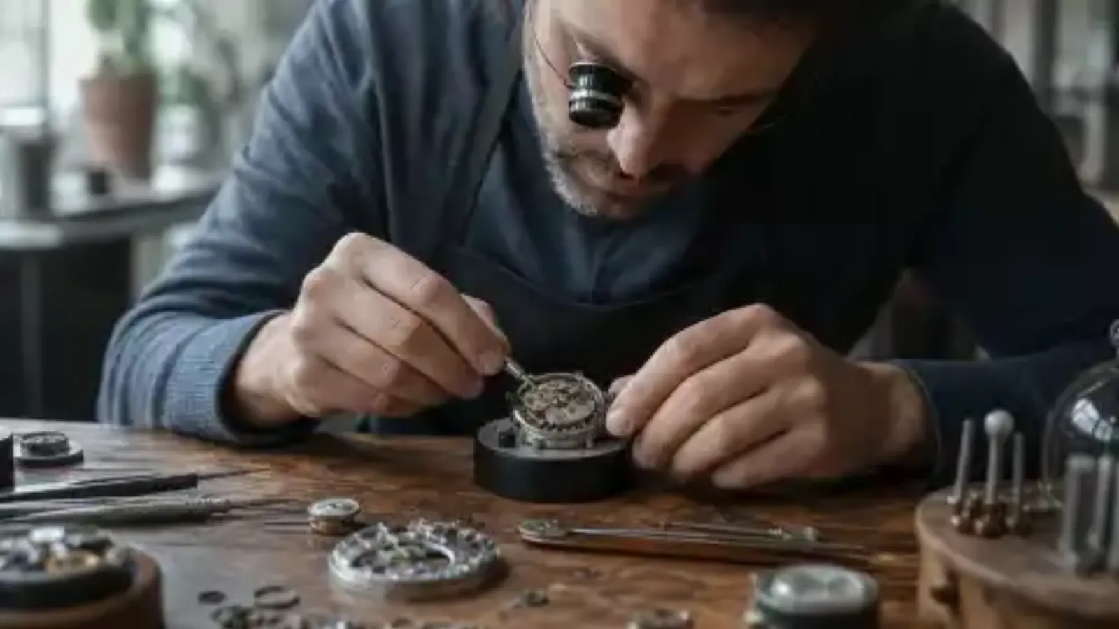Soft low-resolution close-up of a watchmaker before video enhancement